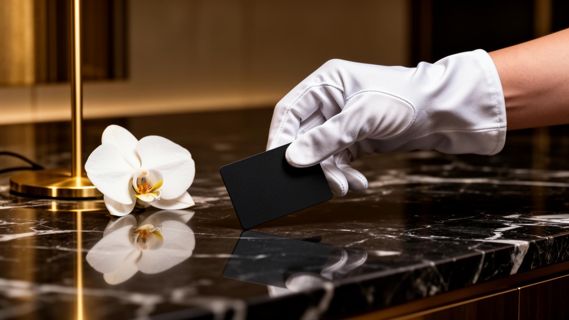 A white-gloved hand presenting a black key card