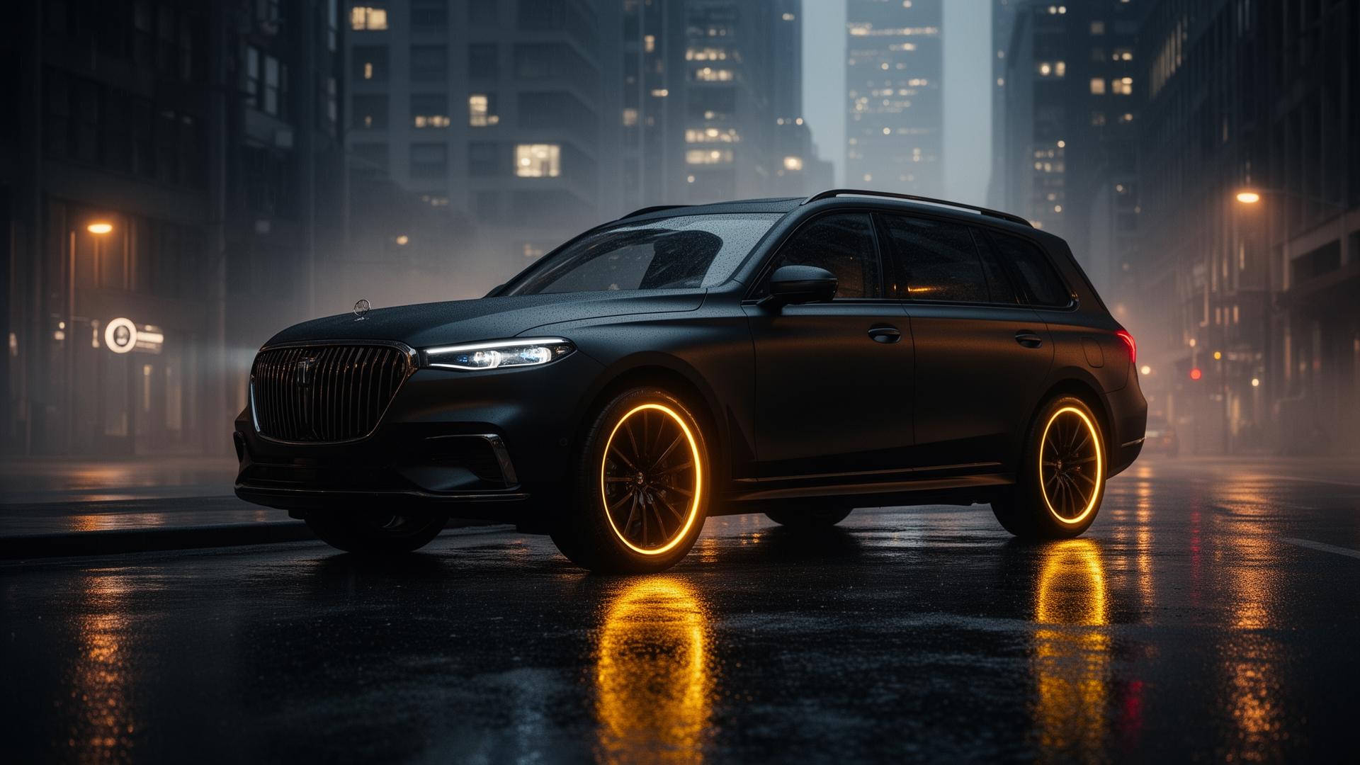 Black executive SUV on a rain-slick city street at night