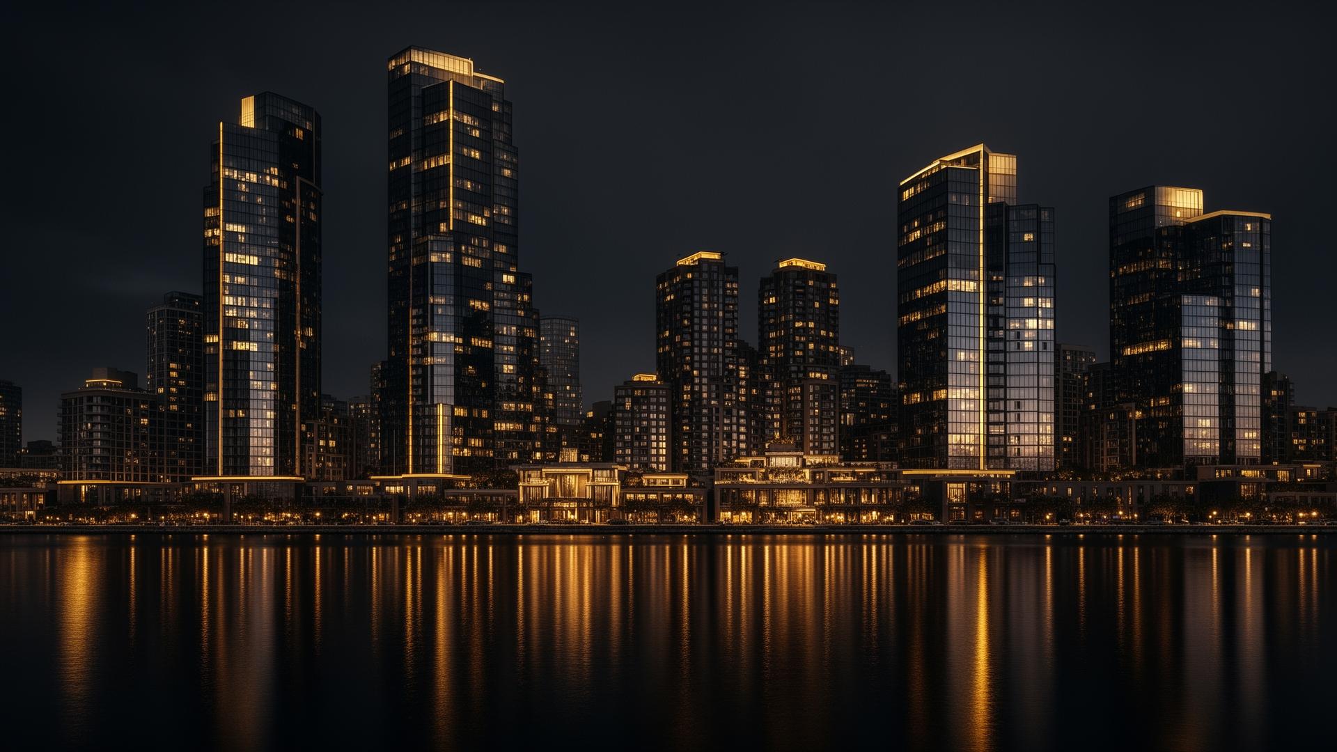 Waterfront luxury skyline at night